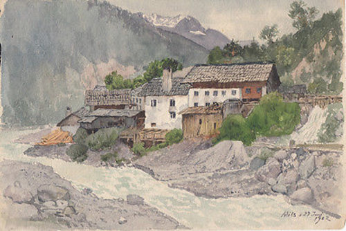 Gehöfte am Inn, Original Aquarell 1902, Österreich