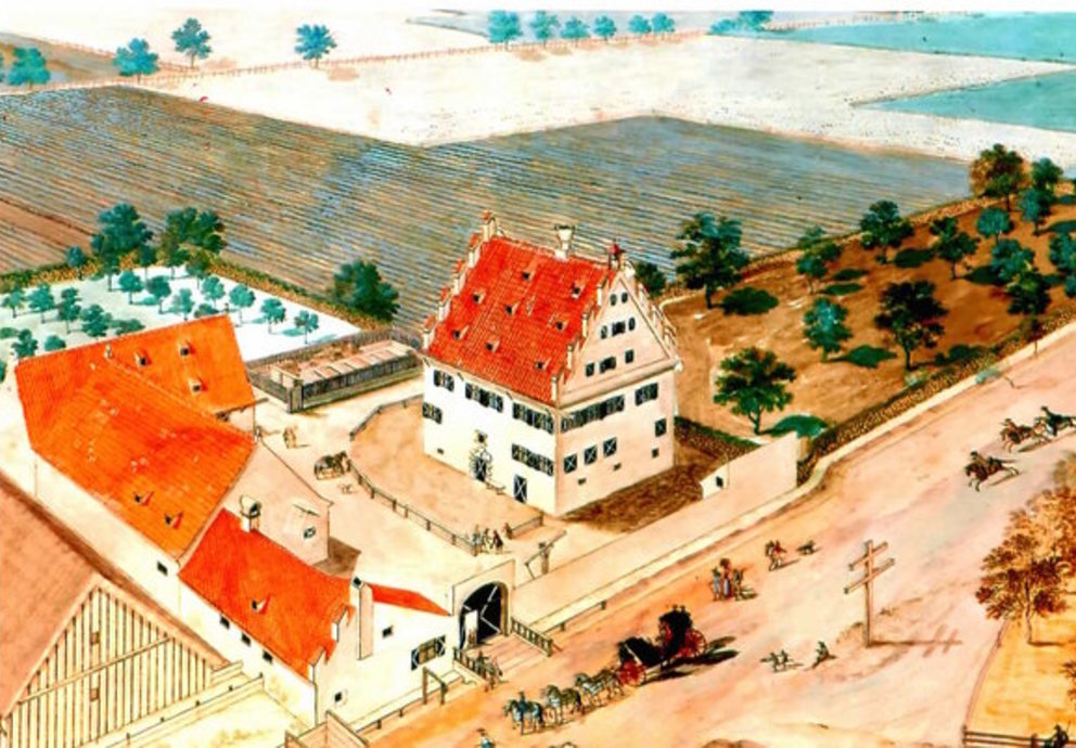 Zeichnung Areal Schloss Meitingen mit Kutsche