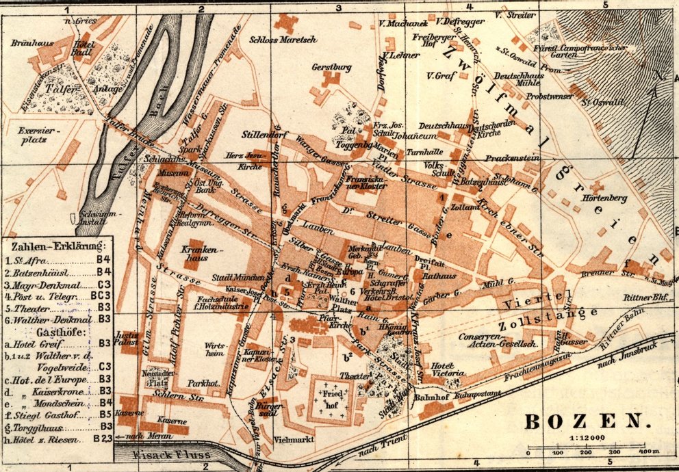 Stadtplan von Bozen aus Geuters Reiseführer, 1914